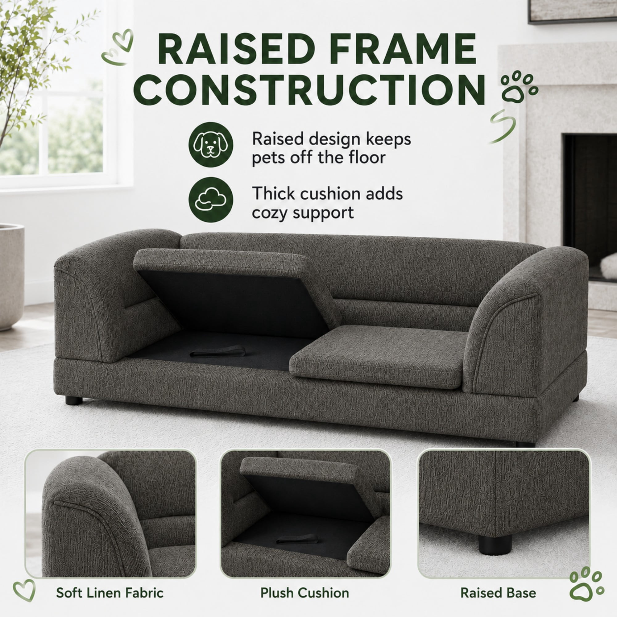 Aenkyo 52" Large Dog Sofa Bed, Linen Pet Couch with Removable Cushions,Dark Gray