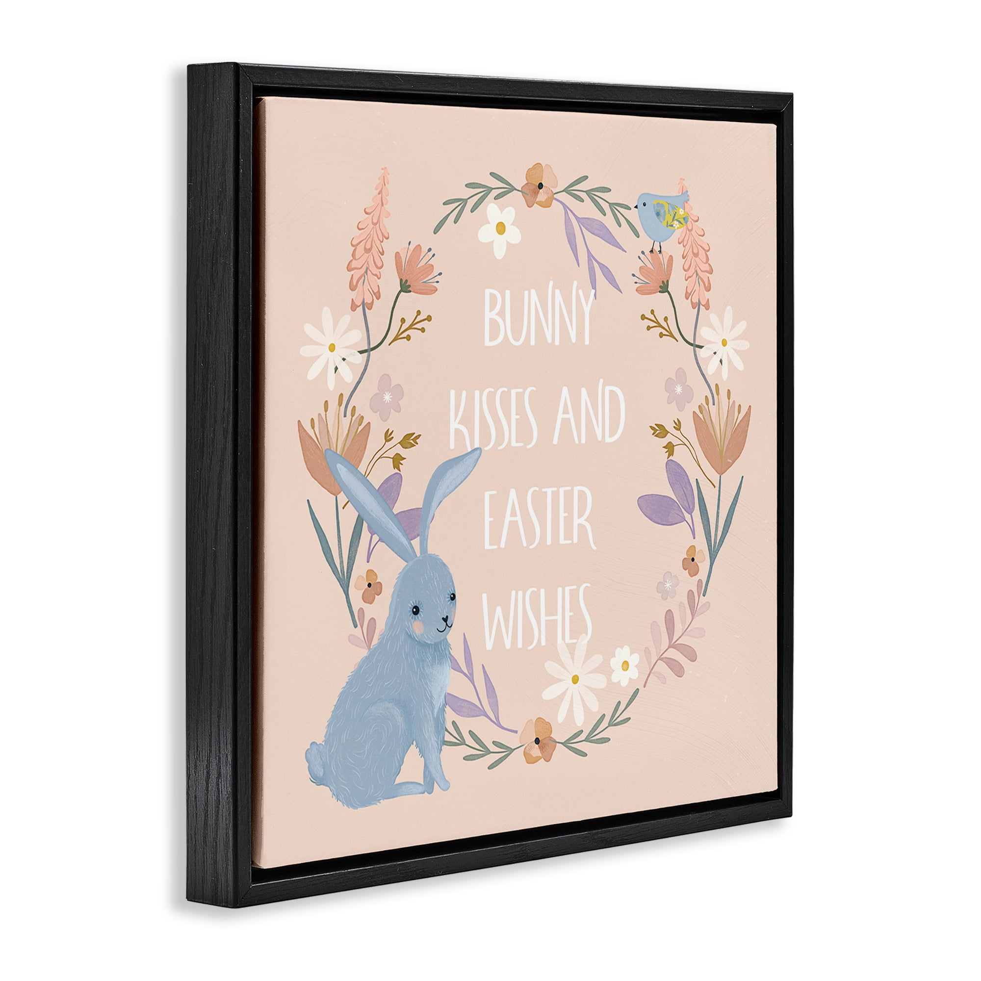 Stupell Industries Bunny Kisses Easter Wishes Holiday Painting Black Floater Framed Canvas Art Print Wall Art, 18 x 18