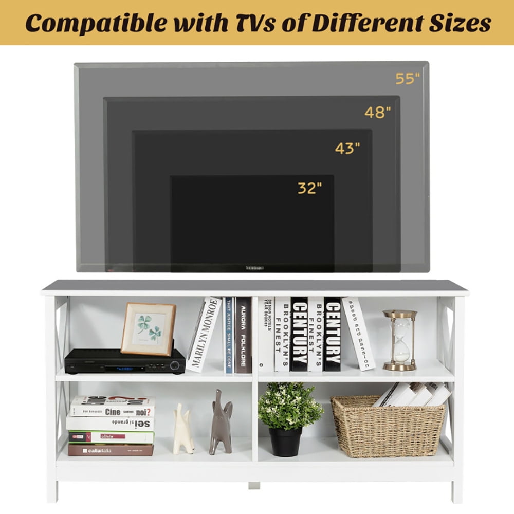 Finihen TV Stand, TV Cabinet, Wooden TV Stand Entertainment for TVs up to 55 Inch with X-Shaped Frame, Media Entertainment Center with Storage, for Living Room, Bedroom, White