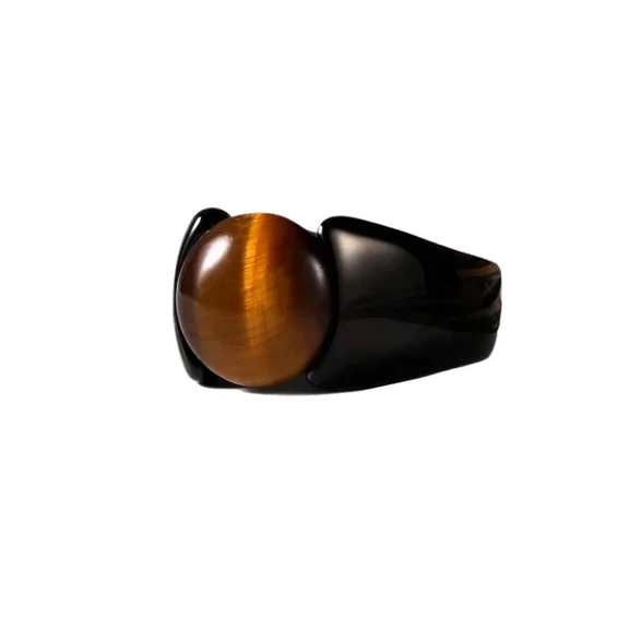PAMTIER Men's Synthetic Tiger's Eye Stone Ring Black Stainless Steel Band Bold Minimalist Unique Jewelry for Him Size 12