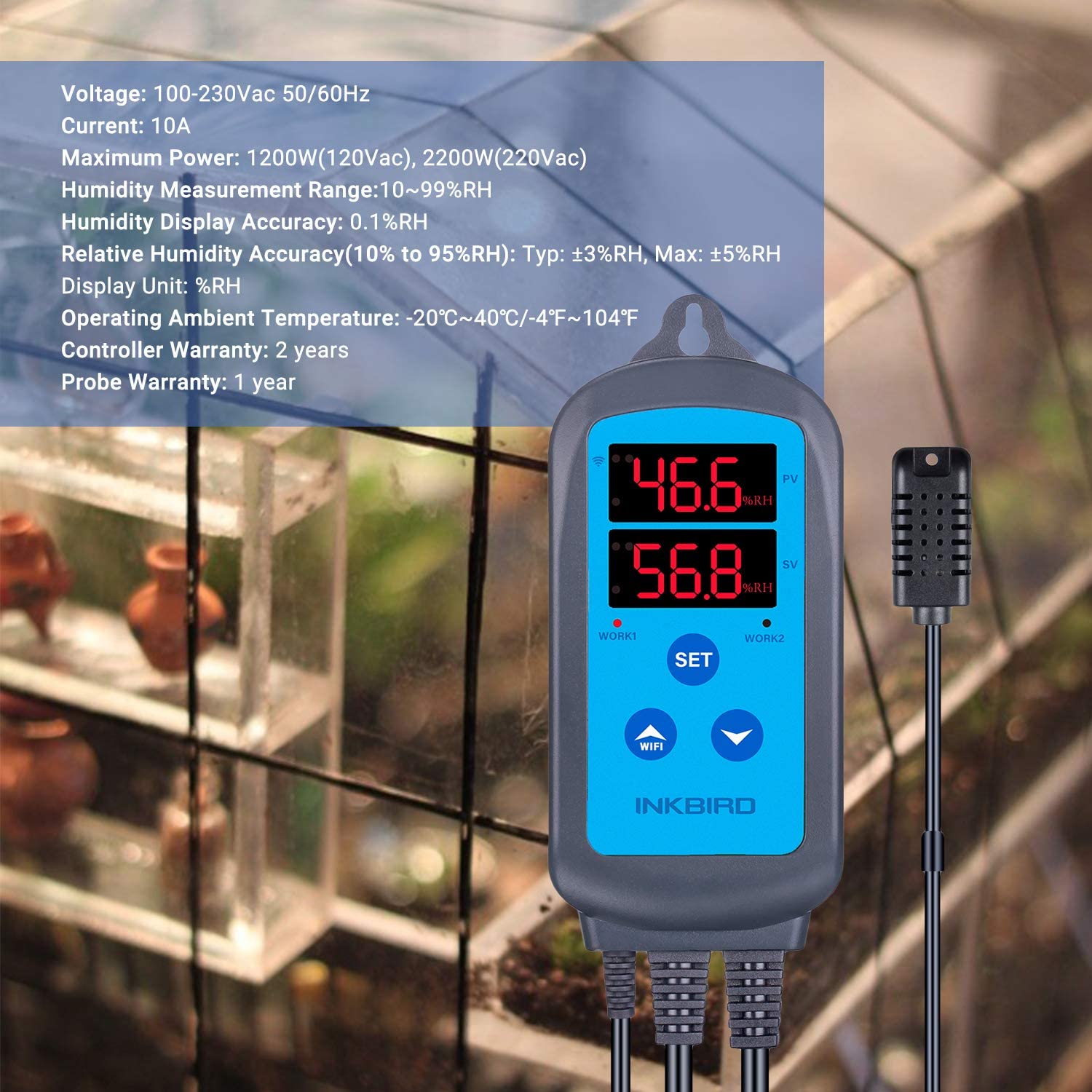 IHC-200 Digital Wi-Fi Humidity Controller Dual Outlet Pre-Wired Humidistat for Mushroom Growing Reptile Greenhouse Support iOS Android App Remote Control