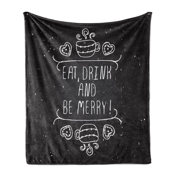 Eat Drink and Be Merry Soft Flannel Fleece Blanket, Inspiration Calligraphy on Grunge Chalkboard Coffee Hearts, Cozy Plush for Indoor and Outdoor Use, 70" x 90", Charcoal Grey White, by Ambesonne