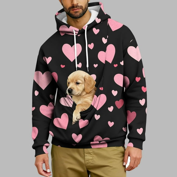 TIMIFIS Valentines Mens Pet Carrier Hoodie Long Sleeve Hooded Sweatshirts Pullover Fall Winter Heart Graphic Casual Comfy Kitten Cat Puppy Holder Kangaroo Pocket Drawstring Top