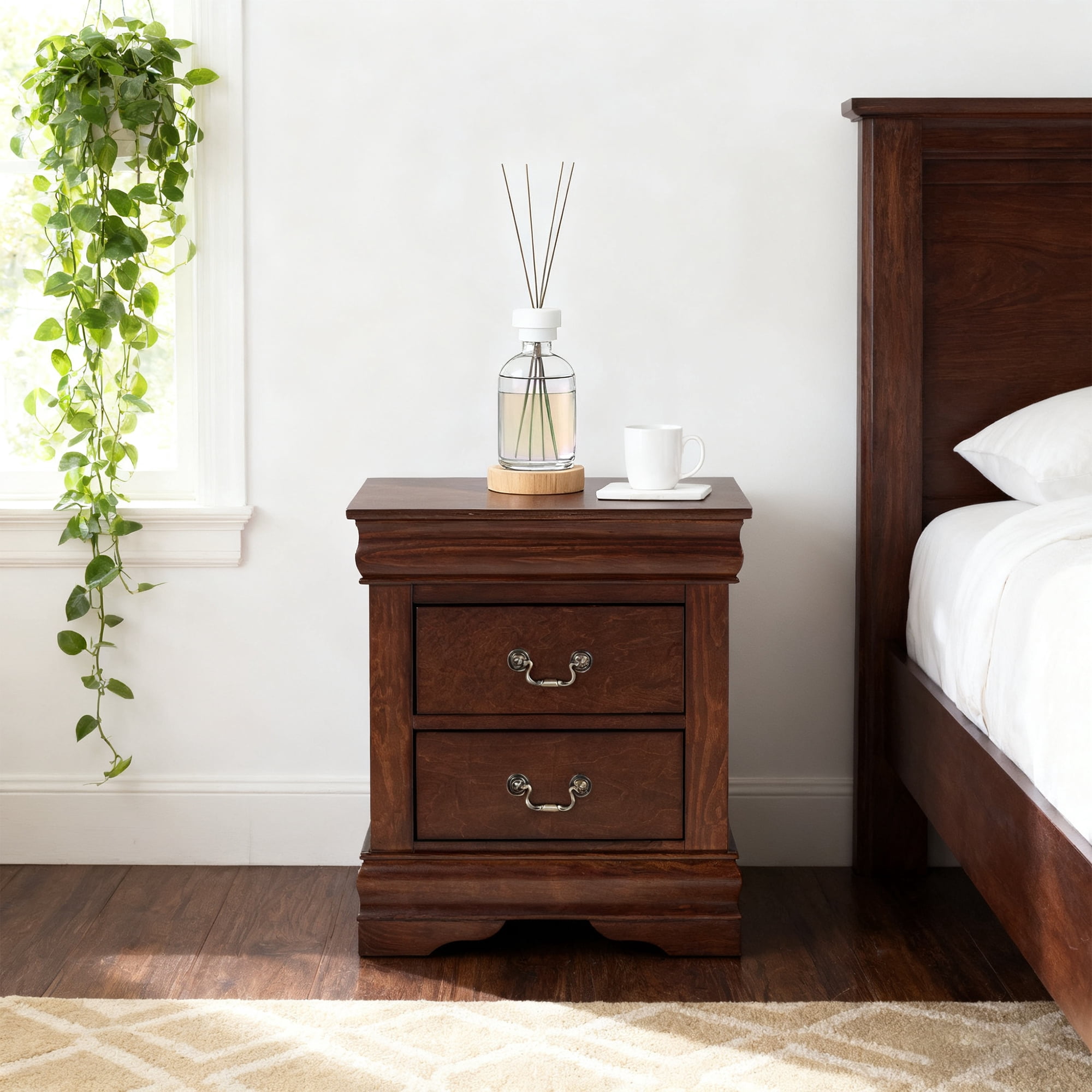 Leovanni Solid Wood Nightstand , End Table with Drawers and Metal Handles, No Assembly Required, For Bedroom, Living Room, Adult, Cherry
