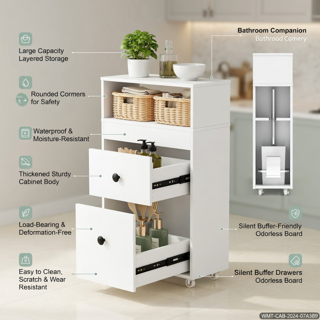 Demi Bonn Bathroom Storage Cabinet, Bathroom Floor Cabinet, Slim Bathroom Cabinet Wooden Toilet Organizer with Deep Slide Out Drawers, for Bathroom, Living Room, Bedroom, Kitchen, White