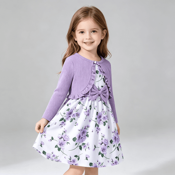 Lavender Girls 2-Piece Floral Sleeveless Dress and Ruffled Cardigan Set,Size 3-4T