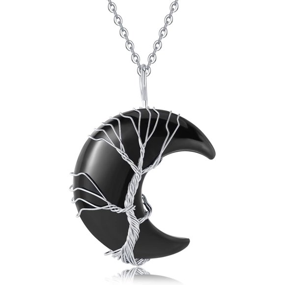 XIANNVXI Tree of Life Wire Wrapped Crescent Moon Pendant Necklace Reiki Healing Crystal Stone Necklaces Natural Gemstone Quartz Jewelry for Women