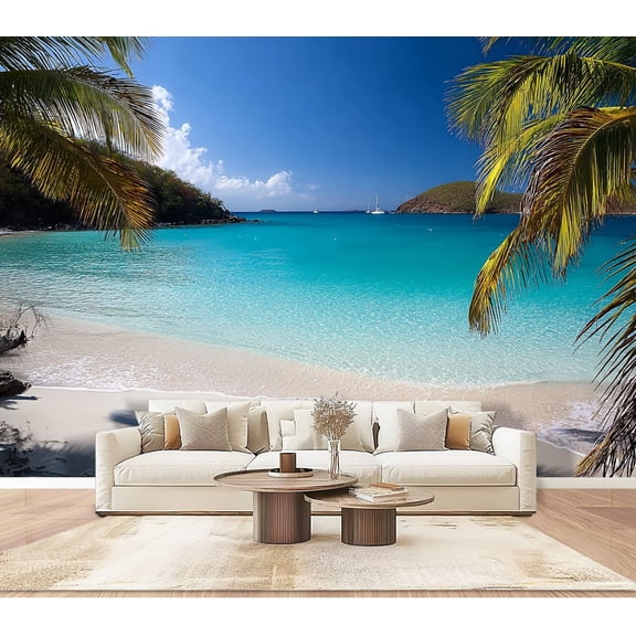 Wallpaper palm trees beach Maho Bay Peel and Stick Wall Murals 100"H x 144"W Removable PVC Wall Paper Self-Adhesive Wall Paintings Art Decor for Bedroom Living Room