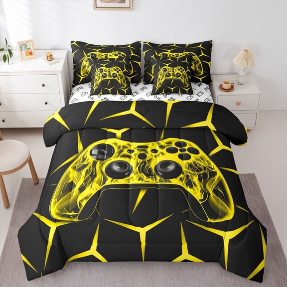 Castle Fairy Teens Video Game Twin Bedding Sets,Geometric Gamepads Bedding Comforter Set