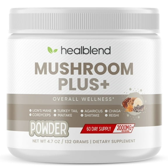 Healblend Mushroom Plus  Powder 2000mg - 10 Organic Mushrooms for Brain, Immune & Stress Support - Adaptogenic Supplement - 60-Day Supply
