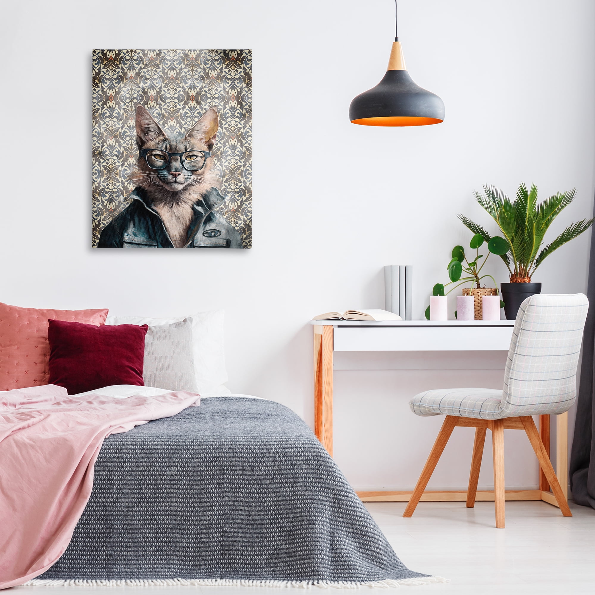 Stupell Industries Wild Cat on Damask Animals Painting Wrapped Canvas Art Print Wall Art, 30 x 40
