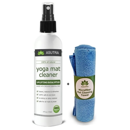 ASUTRA Natural Organic Yoga Mat Cleaner with Microfiber Towel; Uplifting Eucalyptus, 4 oz. (Best Yoga Mat Cleaner)