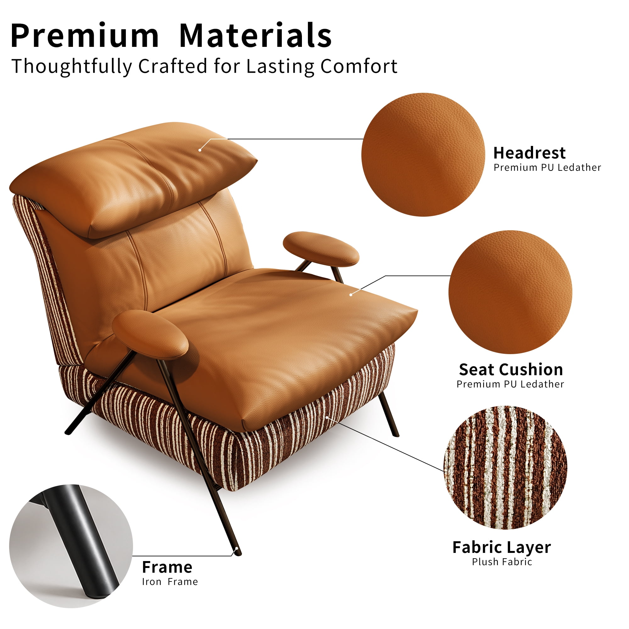 Aukfa PU Accent Chair, Modern Upholstered Armchair with Thick Padded Seat and Back for Living Room & Bedroom, Brown