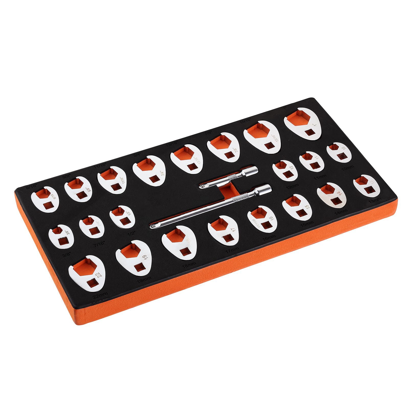Crowfoot Wrench Set 22-Piece 11 Metric + 11 SAE 3/8" Drive CR-MO Steel Chrome-Plated EVA Tray for Automotive Repair