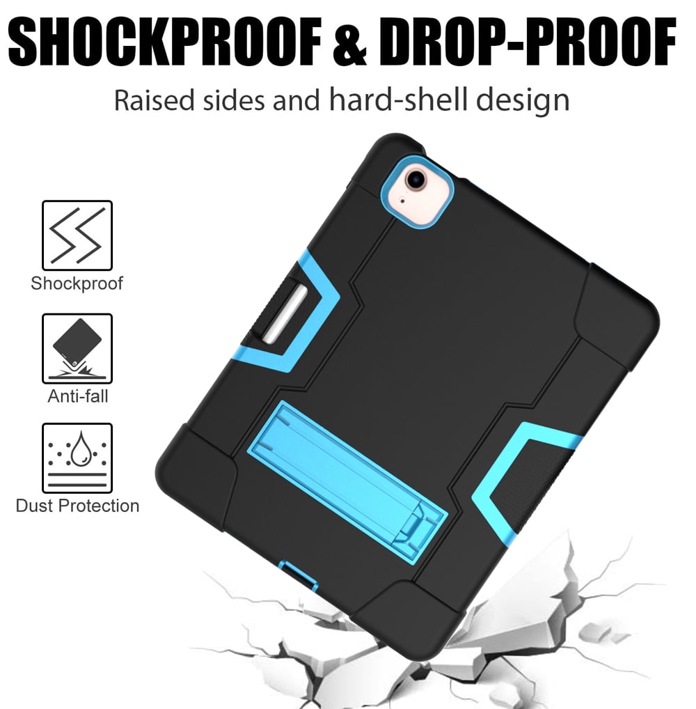 Allytech iPad Air 5 Case 2022, iPad Air 4 Case 2020, Heavy Duty Protection Shockproof Build In Kickstand Pencil Holder Kids Friendly Case for Apple iPad Air 5th 4th Generation, BlackBlack/Blue