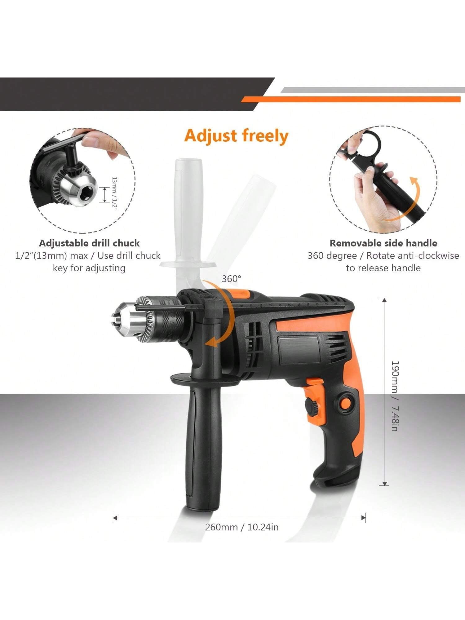 DOVAMAN 850W Electric Hammer Drill, 0–3000RPM Variable Speed, 13mm Metal Chuck, Corded Impact Drill for Concrete, Steel & Wood, with Drill Bits & Carrying Case