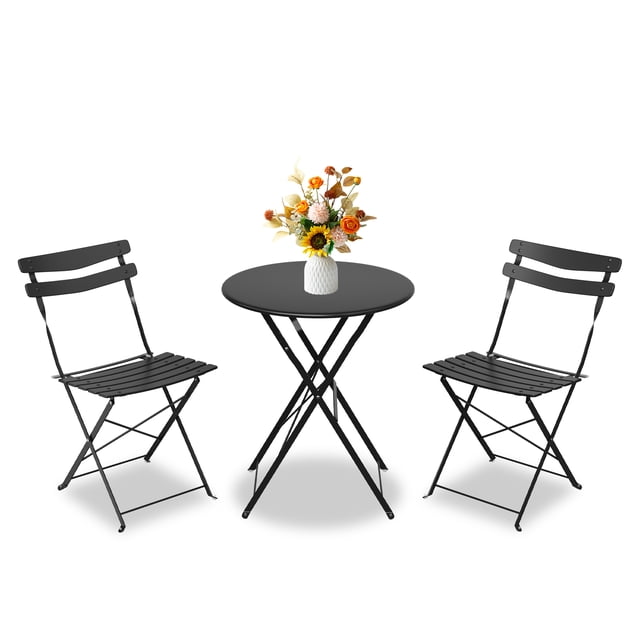 Set Bistró Plegable de 3 Piezas – Acero Recubierto de Polvo – Mesa y 2 Sillas – Sin Montaje – Portátil – Jardín, Balcón o Porche