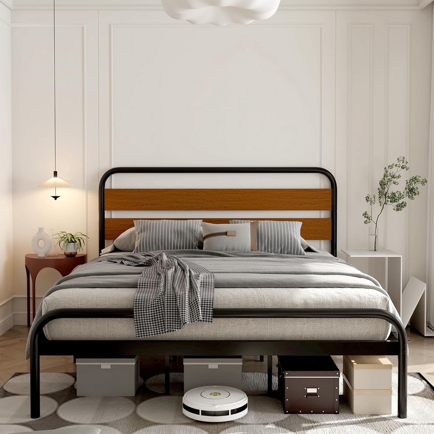 WALYWIK King Size Bed Frame, Heavy Duty Platform Frame with Wooden Headboard and Under-Bed Storage, Noise Free Design Mattress Foundation, Easy Assembly, Sandalwood Brown
