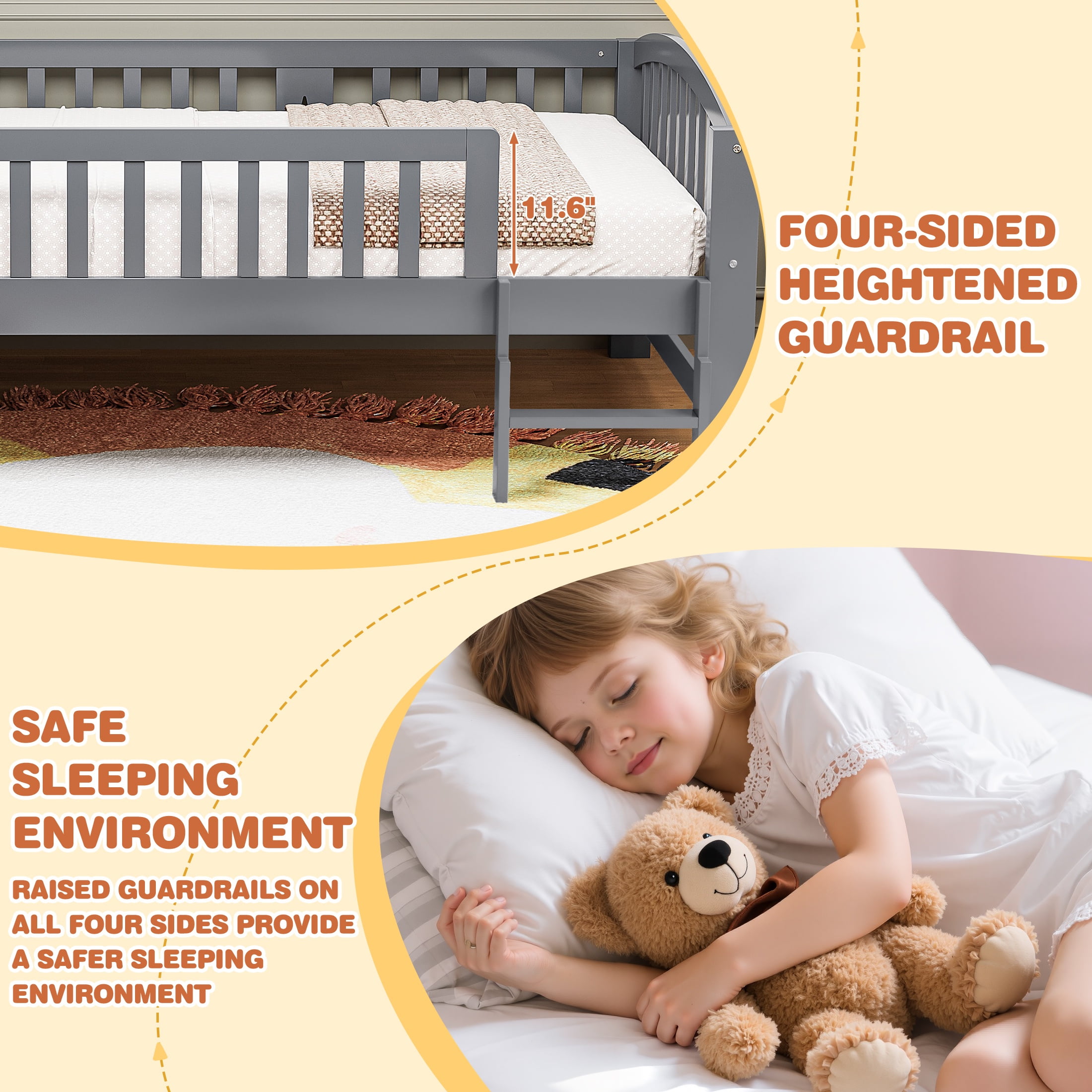 Sesslife Twin Platform Bed Frame, Solid Wood Montessori Toddler Bed Frame with Safety Guardrails and Ladder for Kids, Low Profile Twin Floor Bed with Slats, No Box Spring Needed, 400 lbs, Grey