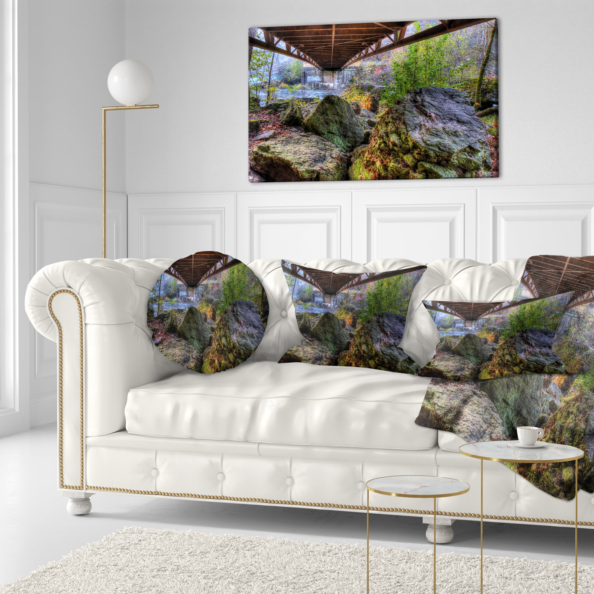 Designart Large Rocks Under Bridge in Creek - Landscape Photography Throw Pillow - 12x20