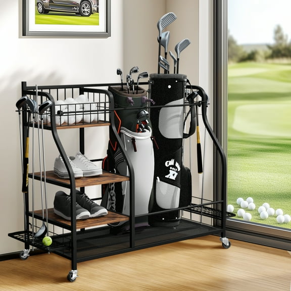 LUVODI Golf Storage Garage Organiser Stand Rack for Bags Balls Shoes Clubs with Lockable Wheels