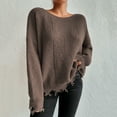 thumbnail image 2 of Htigea Sweaters for Women Distressed Frayed Hem Tops Casual Crew Neck Long Sleeve Loose Fit Pullover Sweater Coffee L, 2 of 7