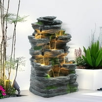 Grepatio Outdoor Water Fountain 7 Tier Cascading Rock Waterfalls Fountains with LED Lights and Pump Indoor/Outdoor Modern Floor Standing Garden Water Fountain for Yard, Patio, House Decor