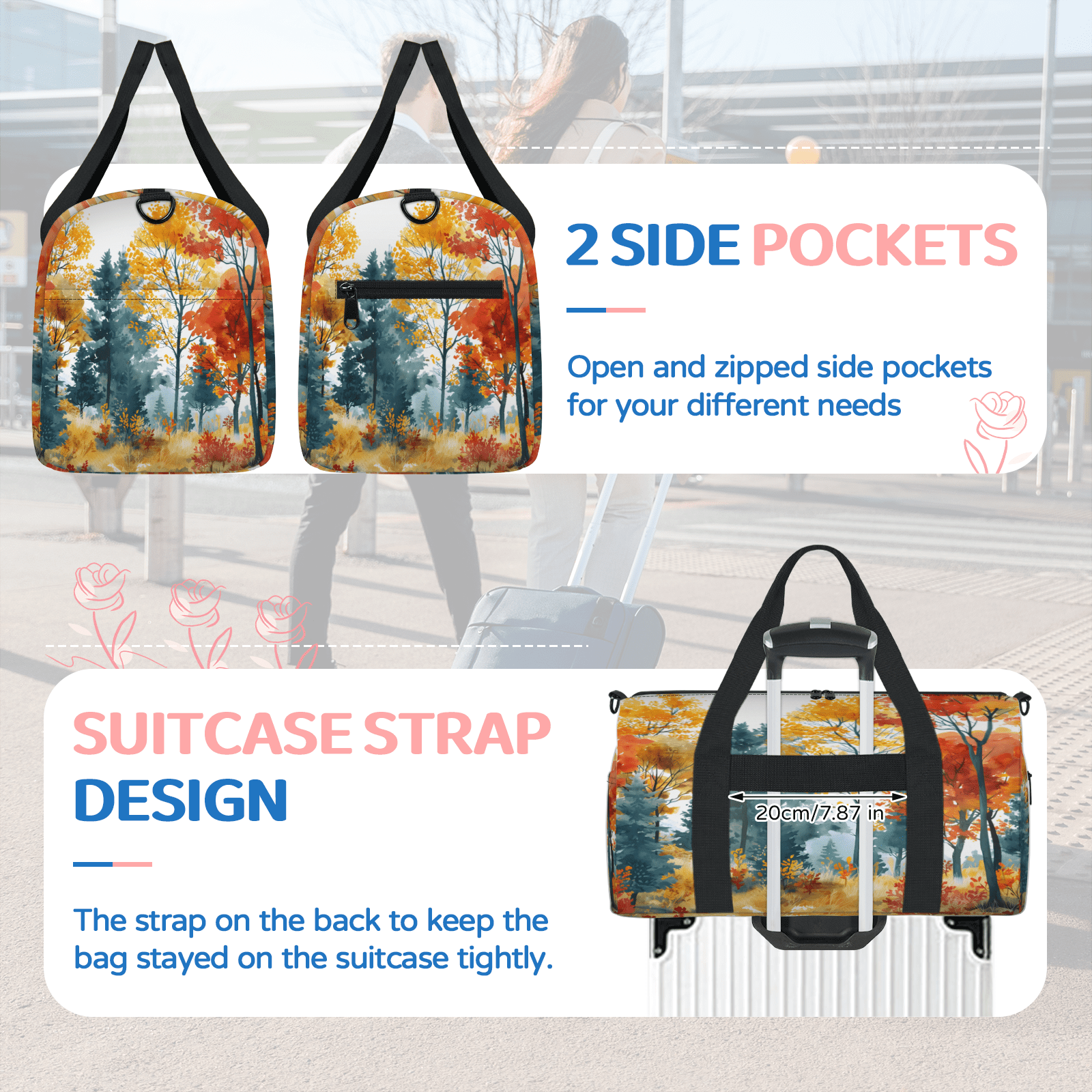 Herdesigns Autumn Forest Tree Travel Duffle Bag Sports Yoga Weekender Overnight Carry on Workout Bags Lightweight Waterproof Gym Tote Bag for Women