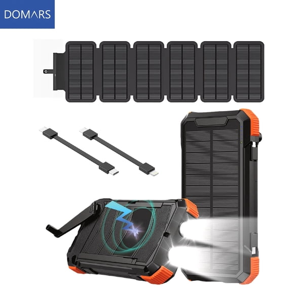 Domars 20000mAh Solar Power Bank, Portable Wireless Charger with Solar Panel & Hand Crank Charging, Built-in Lightning & Type-C Cables, Outdoor Power Bank with Flashlight for Camping Hiking