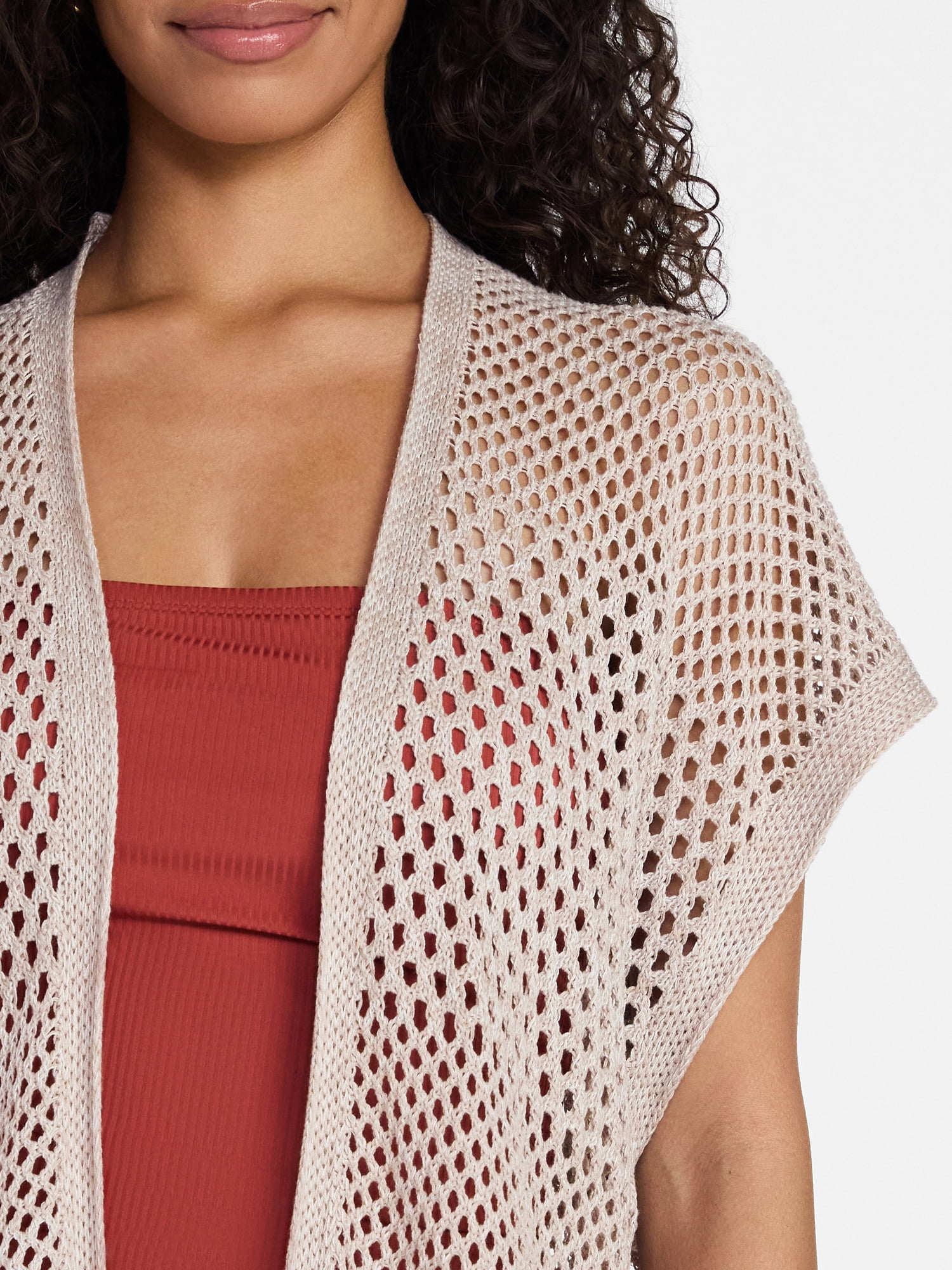 Time and Tru Women's Openwork Knit Coverup, Size XXL/XXXL, True Taupe/Khaki Safari