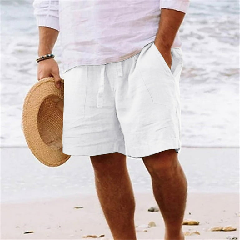 WREESH Men s Summer Beach Shorts Cotton Linen Shorts Solid Casual Pocket Elastic Waist Straight Half Shorts Sport Shorts White