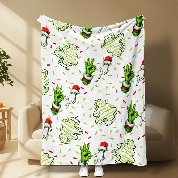 Six Seven Christmas Blanket with Hands and Tree Prints, Soft Cozy Festive Throw for Sofa Bed Gifting