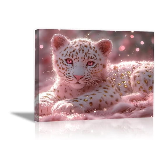 Mudket Pink Glitter White Leopard Cub Canvas Wall Art, Cute Nursery Animal Paintings for Bedroom Print for Baby Toddler Room Home Decor, Framed Ready to Hang - 12"L x 8"W