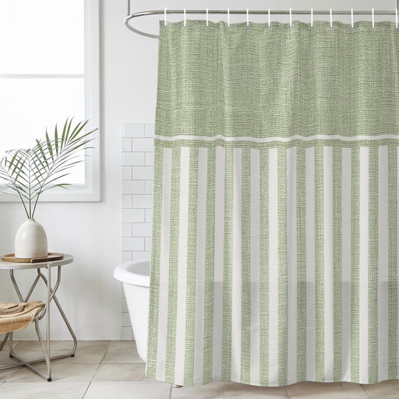 Sage Green Striped Shower Curtain Set, Waterproof Shower Curtains for Bathroom, Boho Stripes Minimalist Linen Texture Washable Fabric Cloth Bath Curtain for Bathtub Decoration with Hooks 72x78 Inches