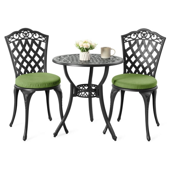 Nuu Garden 3-Piece Patio Bistro Set Outdoor Cast Aluminum Bistro Table and Chairs Set of 2, Outdoor Patio Bistro Set with Umbrella Hole and Green Cushions for Patio Balcony, Black