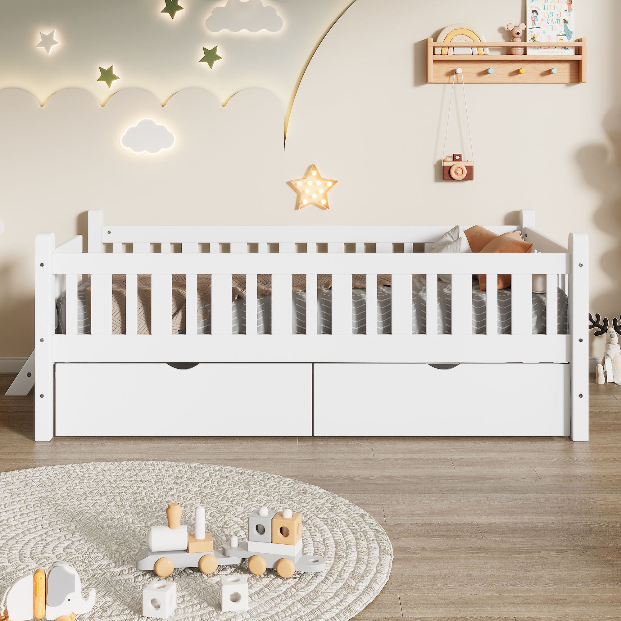 Euroco Wood Twin Size Platform Bed with 2 Drawers and Ladder for Kids and Toddlers, White