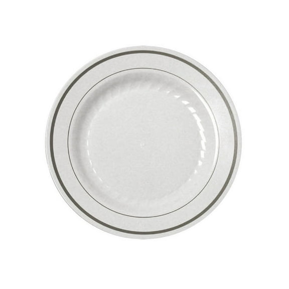 Simcha Collection Silver Splendor 9" White Luncheon Plastic Plates w/ Silver Band 12ct