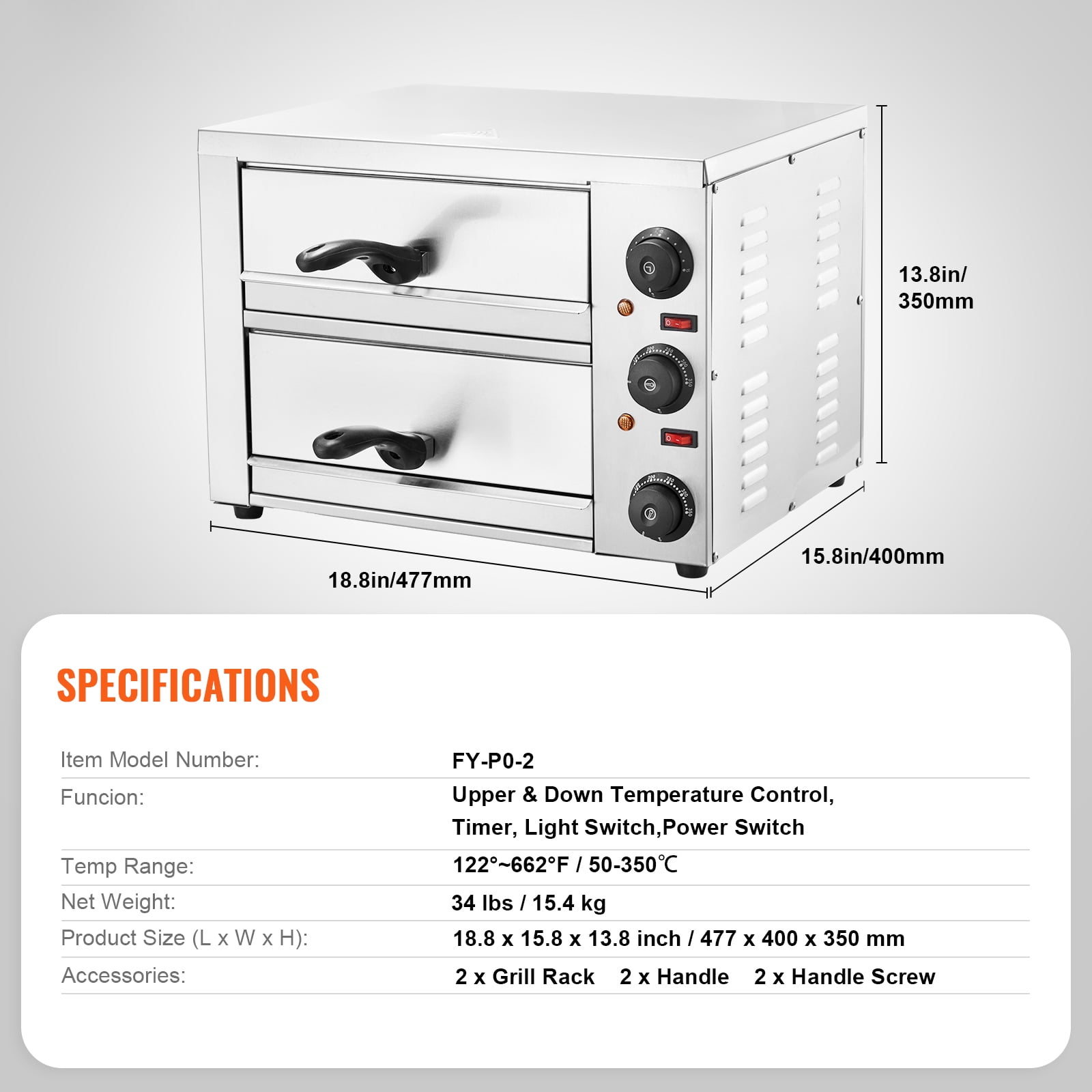KFFKFF Countertop Electric Pizza Oven, 12-inch, 1700W, Features Temperature Adjustment & 0-120 Minute Timer, Equipped with Uniform Baking Technology & Simple-to-Clean Crumb Tray