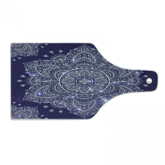 Ethnic Cutting Board, Floral Ornament Round Mandala Paisley Inspired Retro Style, Decorative Tempered Glass Cutting and Serving Board, Wine Bottle Shape, Lavender Blue Indigo, by Ambesonne