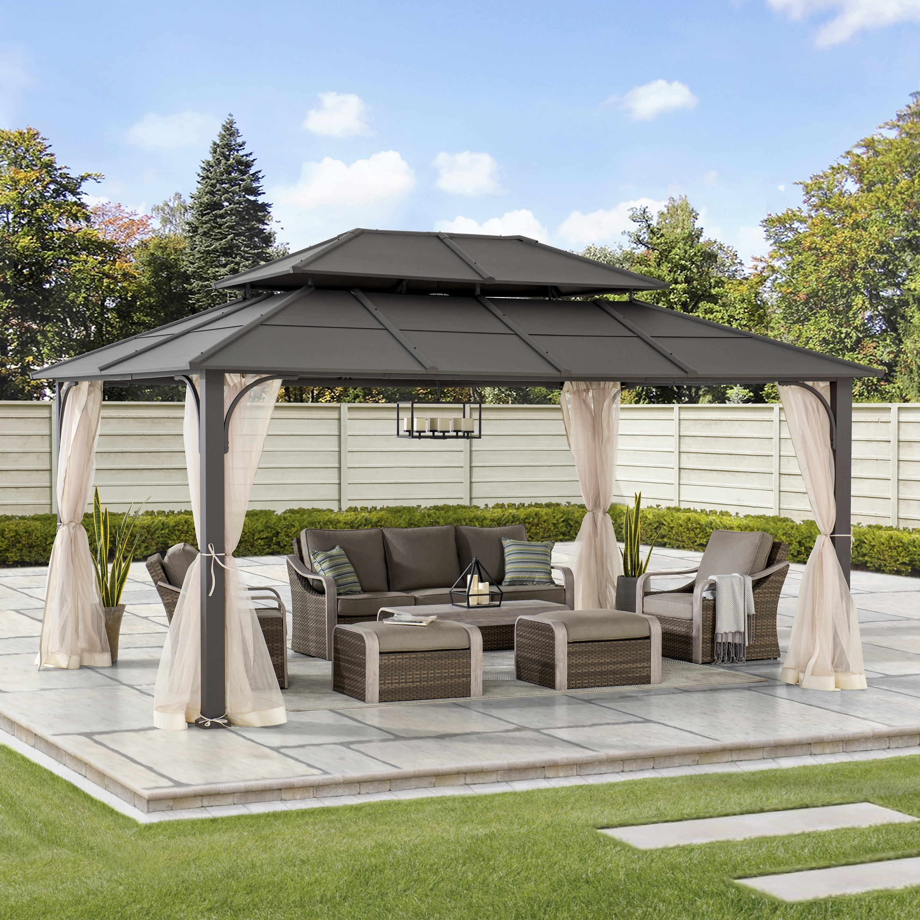 Sunjoy 12 ft. x 16 ft. Brown Steel Gazebo with 2-tier Hip Roof Hardtop ...