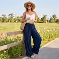 thumbnail image 6 of Vxararl Wide Leg Flowy Palazzo Pants for Women High Waisted Flowy Lounge Trousers with Drawstring Fashion Beach Travel Vacation Fall Clothes Palazzo Pants for Women Navy L, 6 of 7