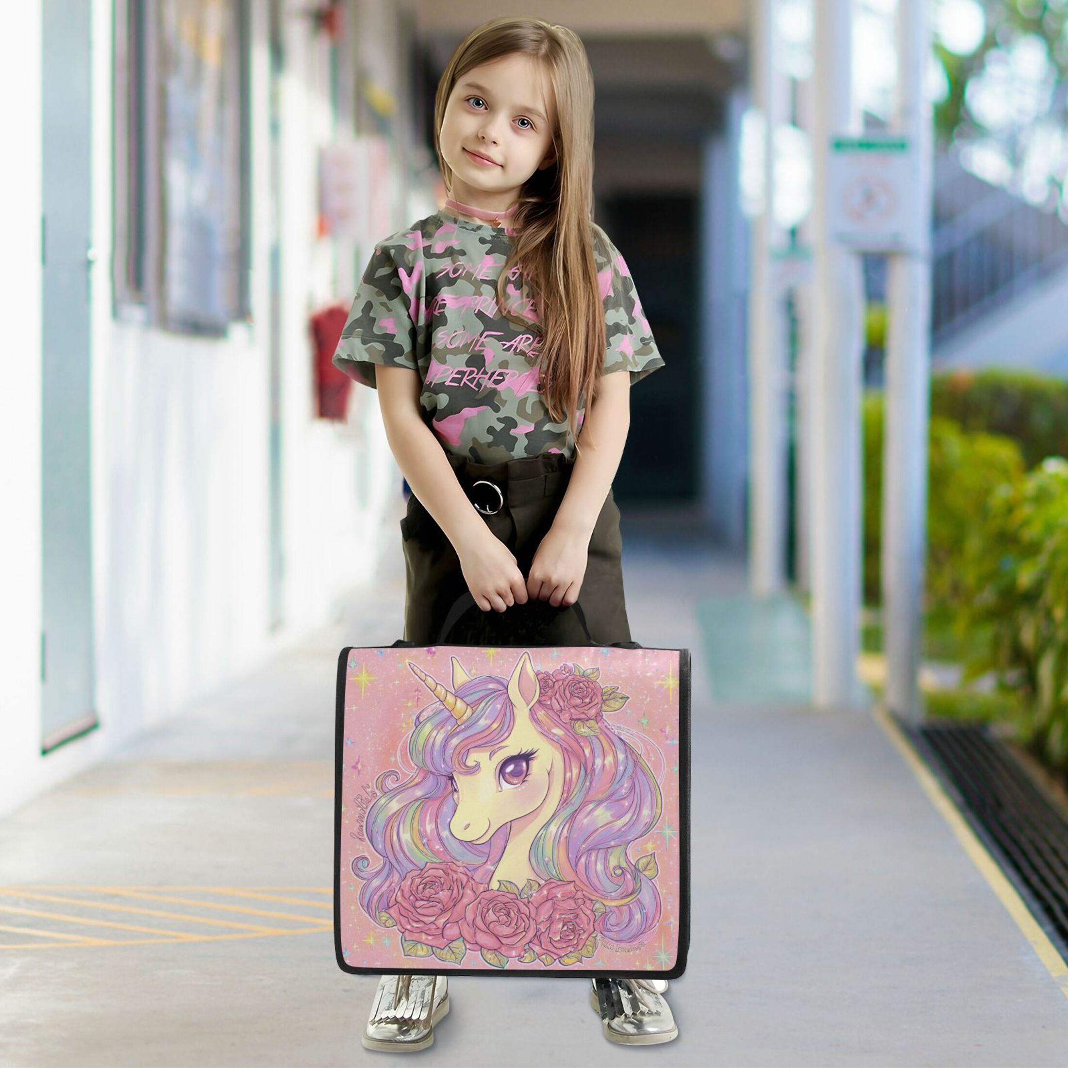 Zipper Binder 3 Rings Stationery Office Files Daily Organizer File Folder Storage Bag Cute Unicorn with Elegant Roses