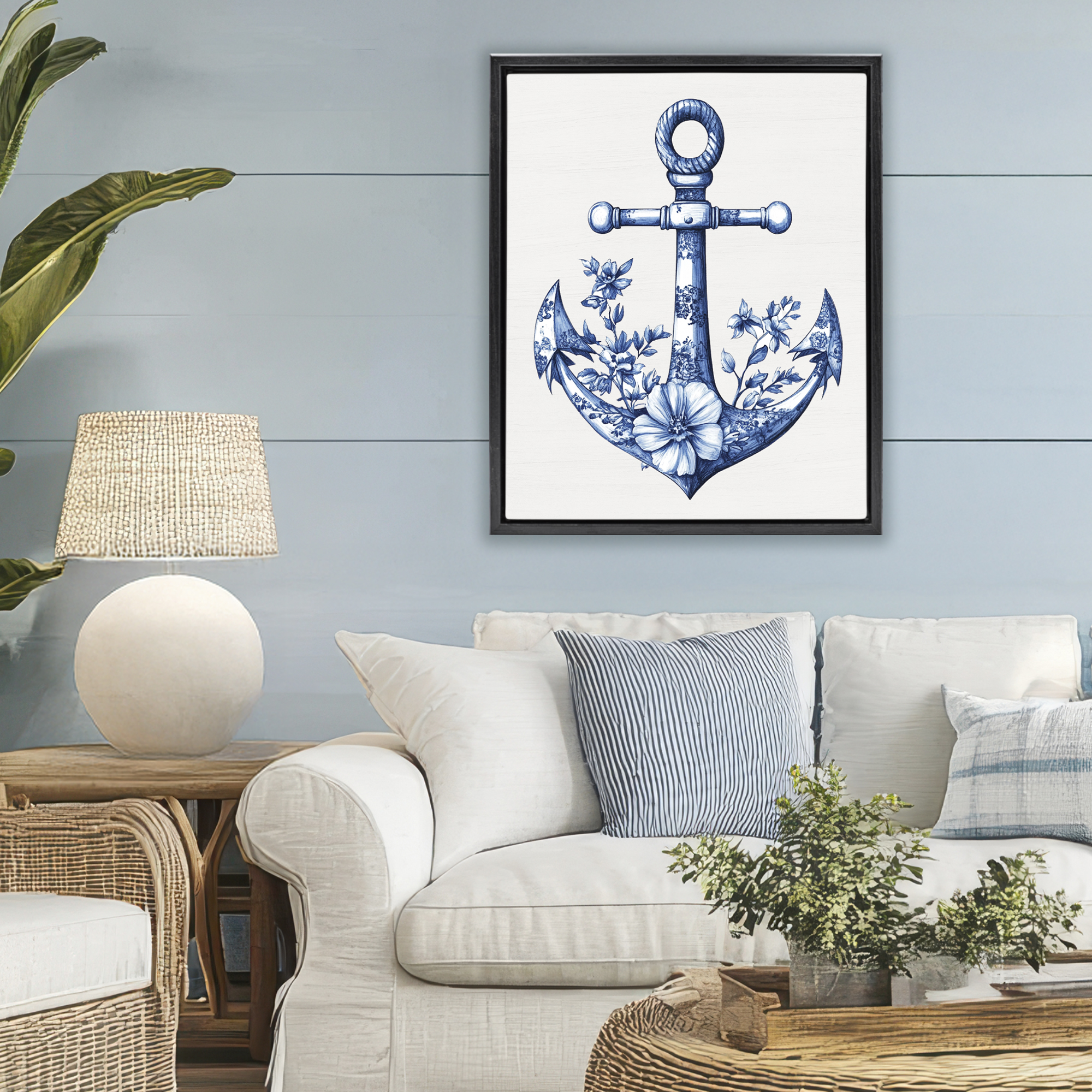 Toile Patterned Anchor Black Framed Floater Canvas Wall Art, design by Lettered and Lined