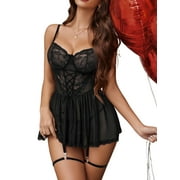 Avidlove Women Lingerie Sexy Lace Mesh Chemise Nighty with Garter Belt Adjustable Spaghetti Strap Negligee Sleepwear