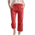 thumbnail image 2 of Girls' Solid Color Cotton Linen Casual Pants,Elastic Drawstring Waist 3/4 Length Capri with Pockets,Loose Fit for Daily Wear, School, Summer Activities,Breathable and Comfortable - Watermelon Red, 2 of 9