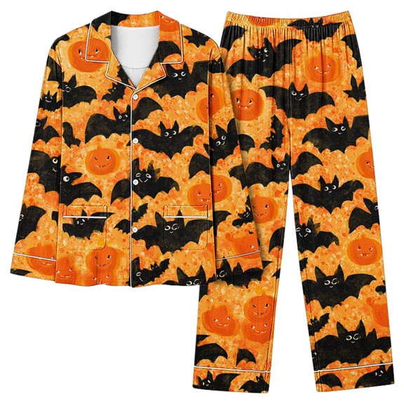 Women's Halloween Pajama Set Pumpkin Button Down Long Sleeve Print Sleepwear 2-Piece Lounge Suit with Pockets