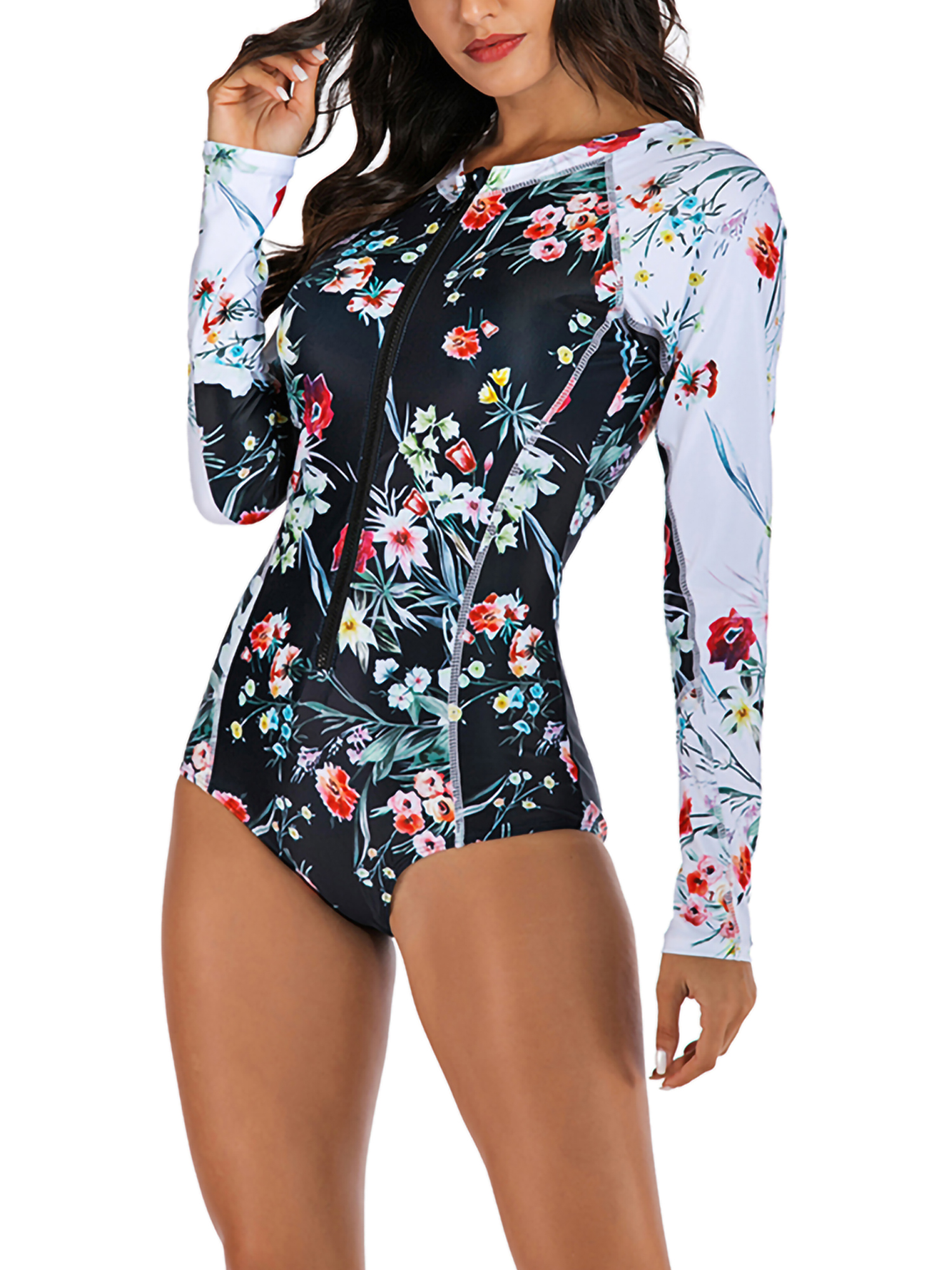 Sexy Dance Women's One Piece Swimsuit Long Sleeve Zip Floral Print Swimwear Bathing Suits for Surfing,Diving,Swimming,Rashguard - image 3 of 8