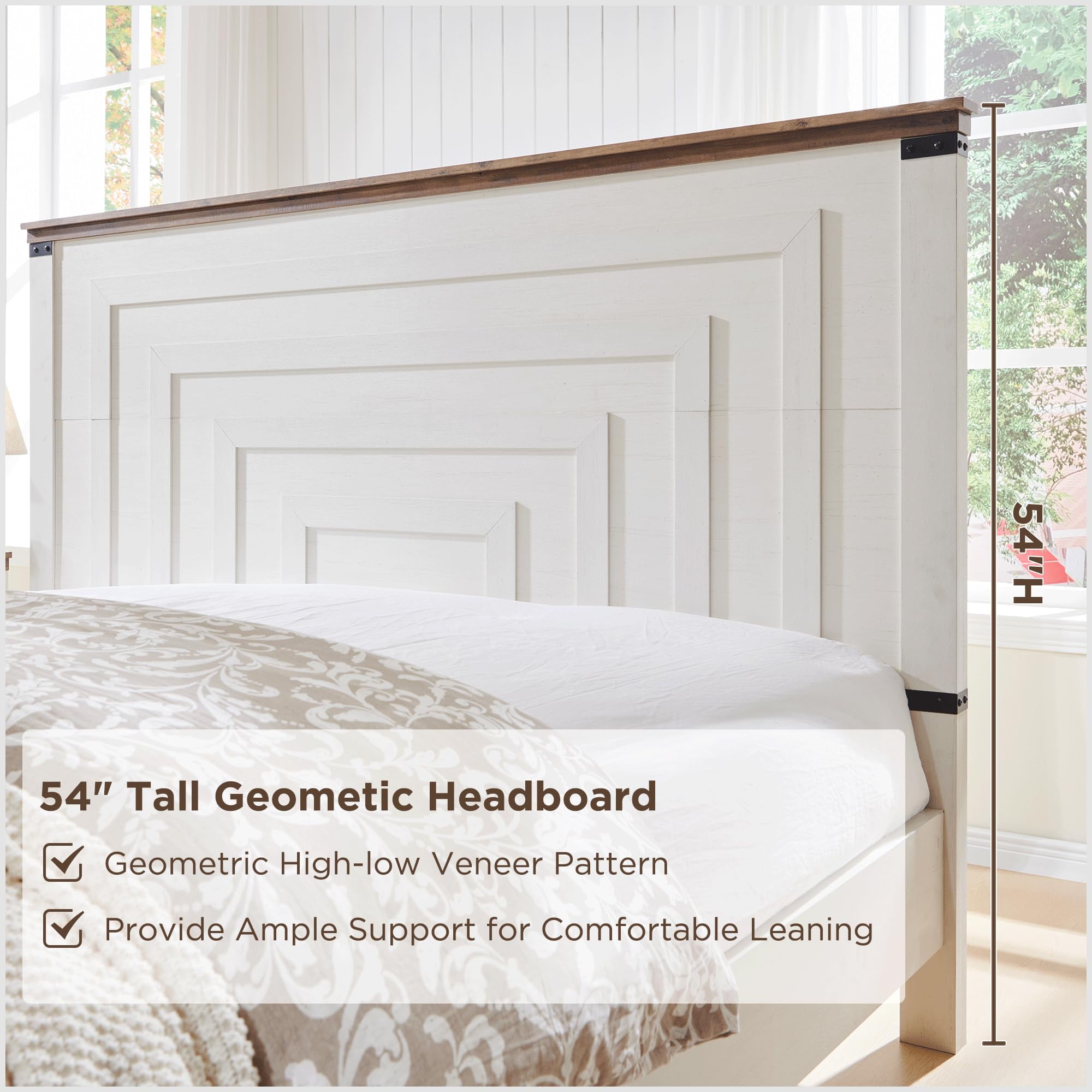OKD Queen Size Bed Frame W/ 54" Tall Geometric Headboard, Farmhouse Wood Platform Bed W/ 2 Large Storage Drawers, No Box Spring Needed, Antique White