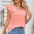 thumbnail image 6 of Slatcetga Women Short Sleeve Top Pure Color Lace Patchwork Casual Double Layer Petal Short Sleeve Shirt for Summer Pink M, 6 of 8