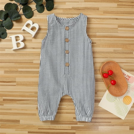 

Bessbest New Year Baby Girl Boy Striped Romper Sleeveless 1 Piece Button Jumpsuits Cotton Linen Pajamas